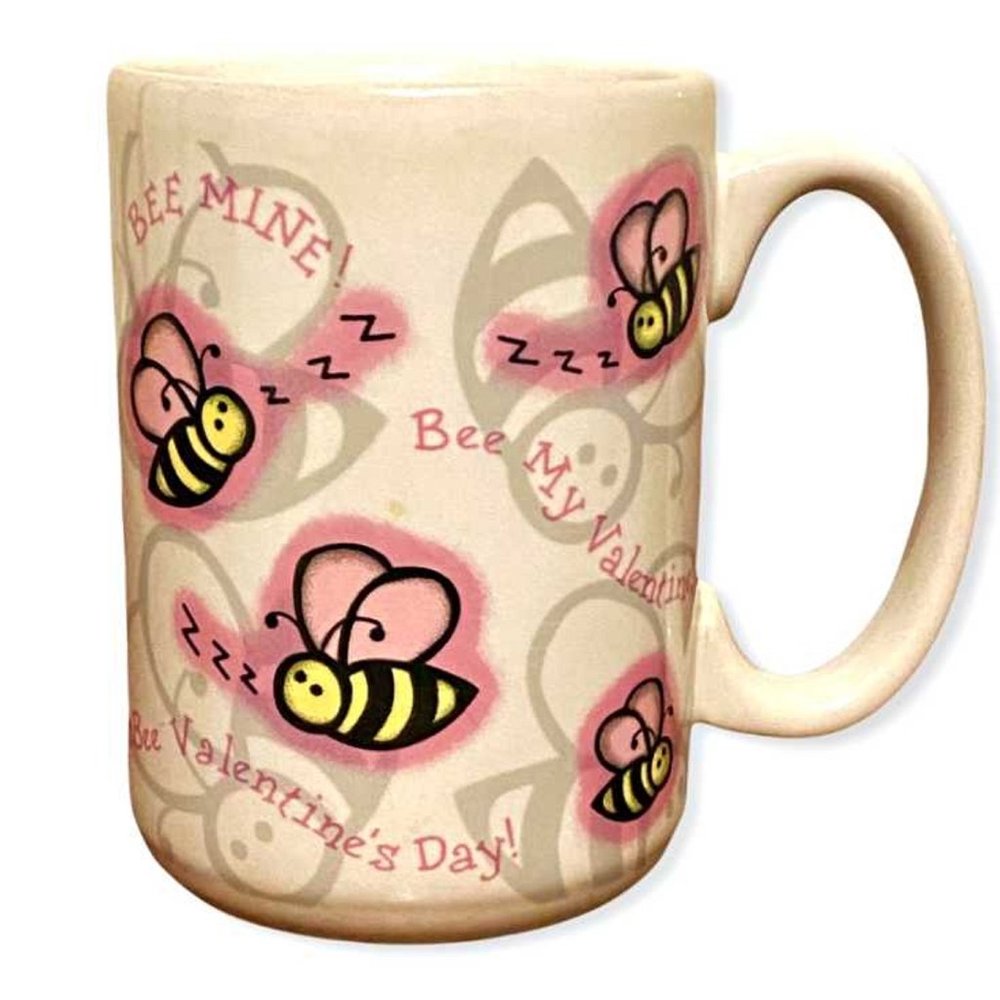 Vintage Happy Valentine's Day Ceramic Coffee Mug Bumble Bees Pink Gray Bee Mine